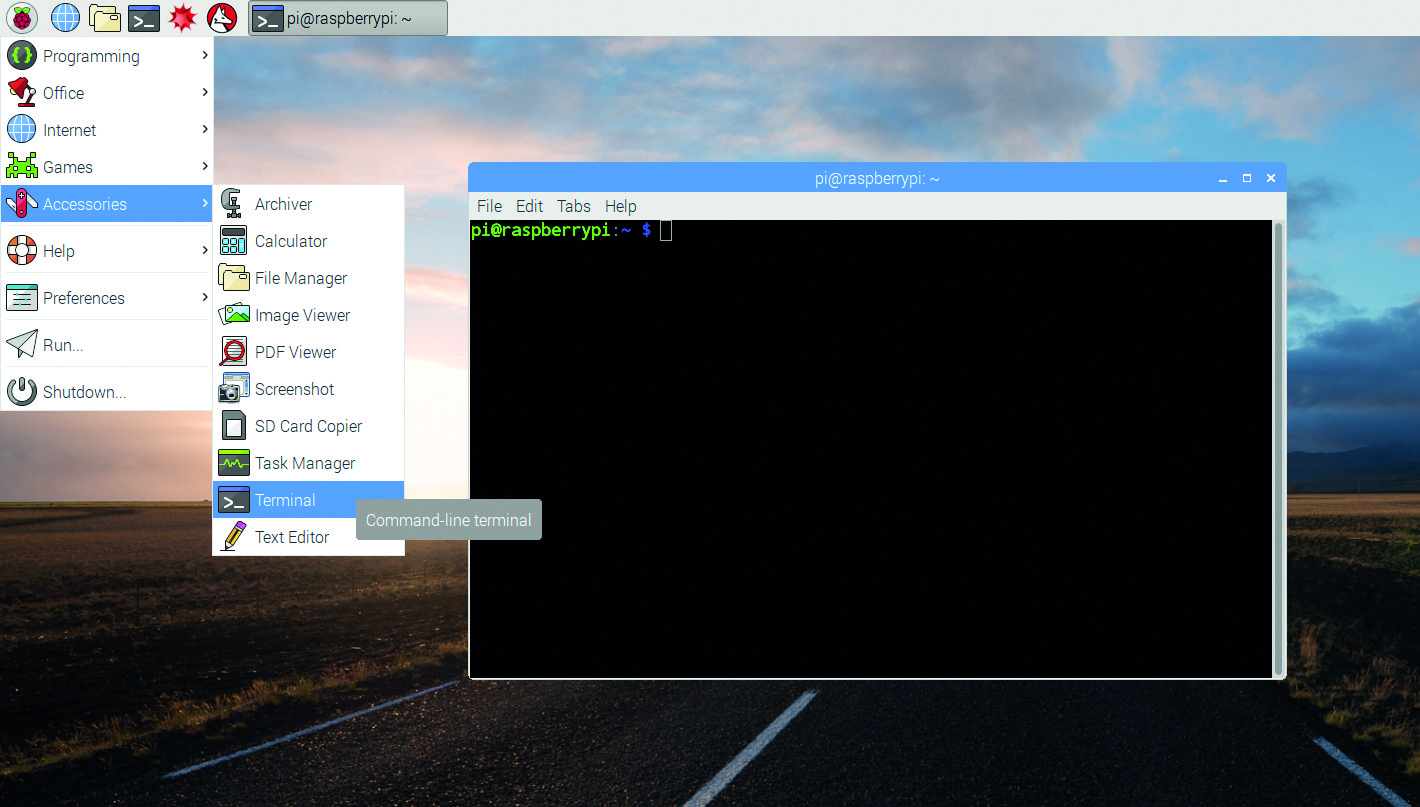 image showing where to find the terminal in the GUI of Raspberry Pi